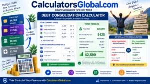 Debt Consolidation Calculator comparing multiple debts, new monthly payment, interest and potential savings