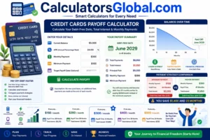 Credit Cards Payoff Calculator showing credit card balance, APR, monthly payment, total interest and debt-free date